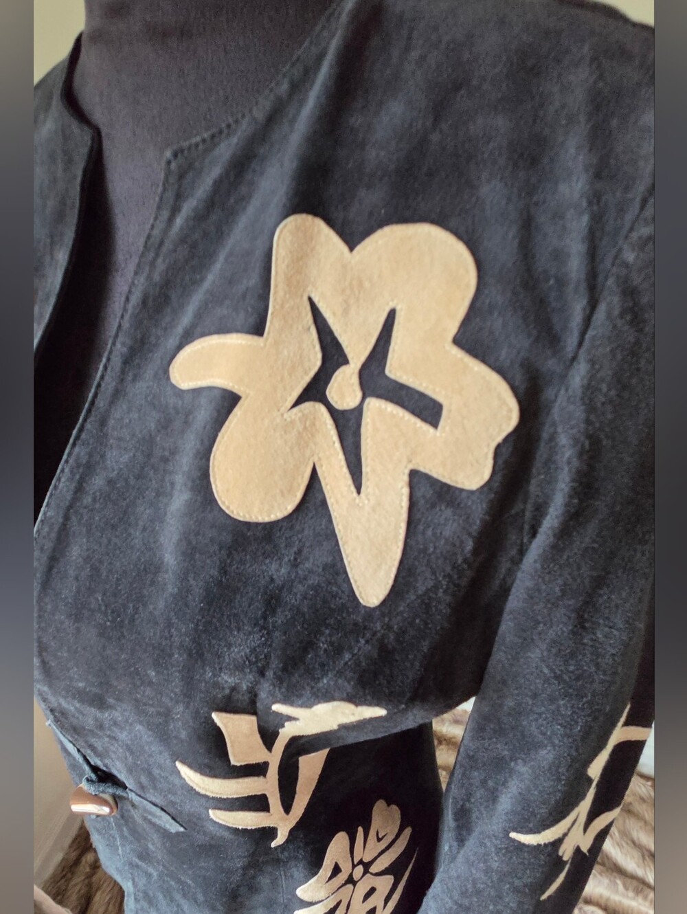 B&J Black Suede Floral Applique Jacket Autumn Outerwear Collarless Leather Coat - Picture 11 of 11